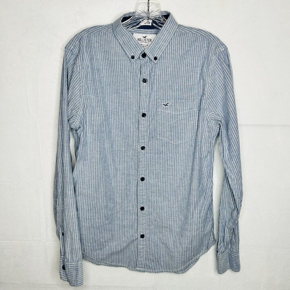 Hollister Epic Flex Stretch Button-Down Shirt Size M Blue White Striped Chambray